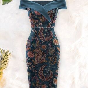 NWT Averie Halley Velvet Off-the-Shoulder Pencil Dress Size M Boho Paisley Fall